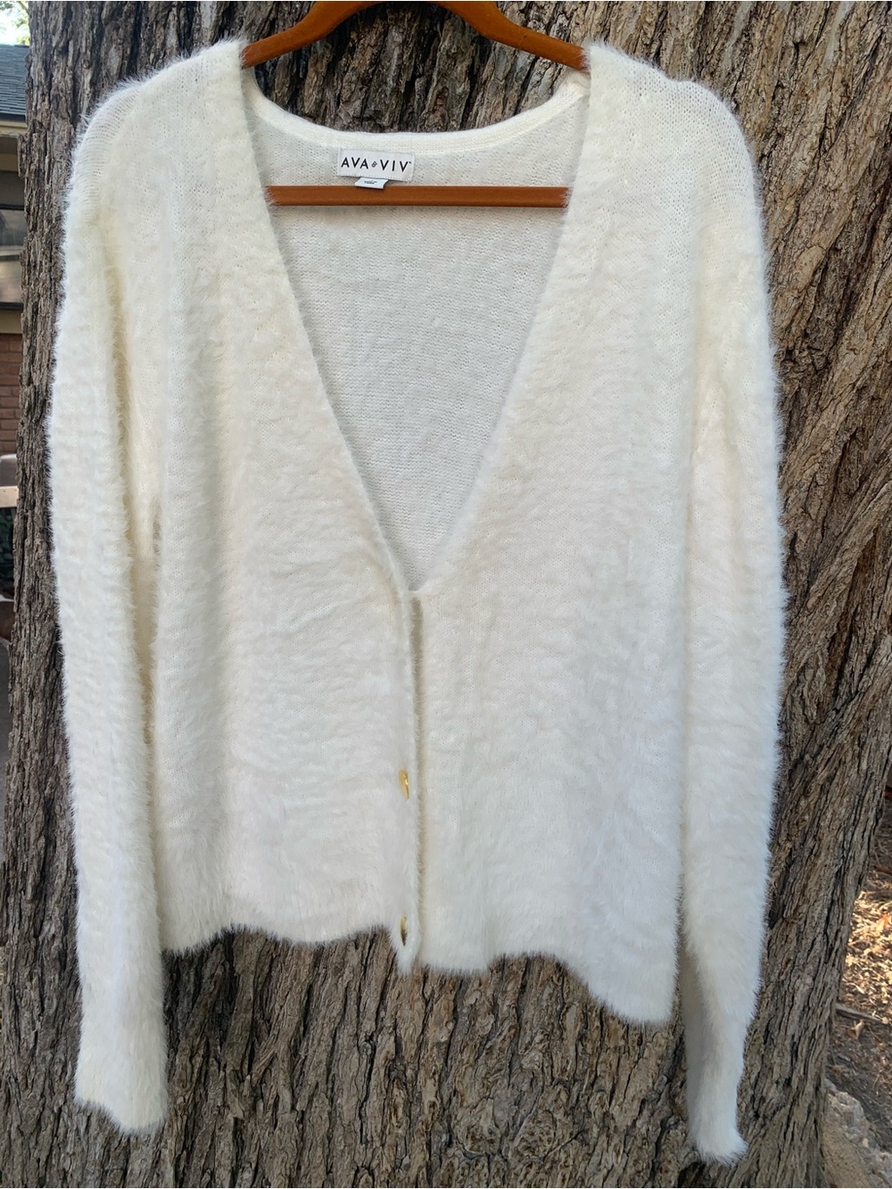 Ava & Viv Cream Fuzzy V-Neck Button Cardigan